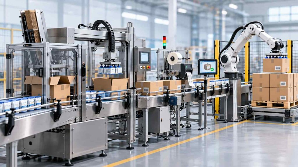 Industrial packaging automation machinery operating on a modern production line